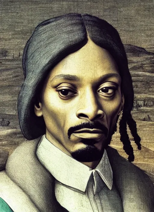 Image similar to a very high resolution image from a new movie, snoop dogg. drawn by leonardo da vinci. mountains, directed by wes anderson