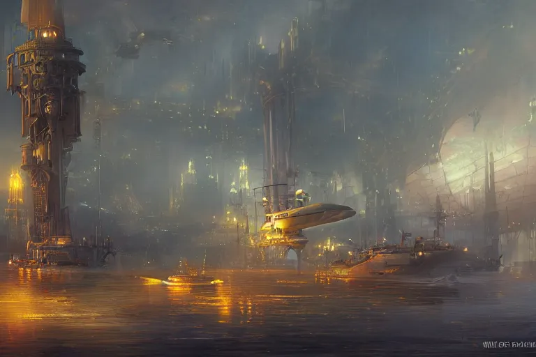 Prompt: wide view of a steampunk airship docking with a tall tower, fog, volumetric lighting, intricate, elegant, highly detailed, digital painting, artstation, concept art, smooth, sharp focus, art nouveau, art by raymond swanland and john berkey