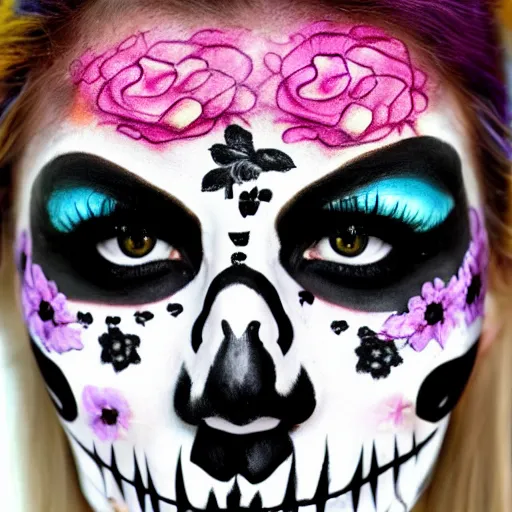 Image similar to roller derby woman dia de muertos makeup, photorealistic, high definition,