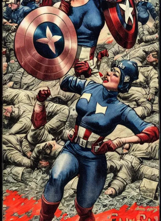 Image similar to beautiful female captain america standing on a pile of defeated german soldiers. feminist captain america wins wwii. american wwii propaganda poster by james gurney