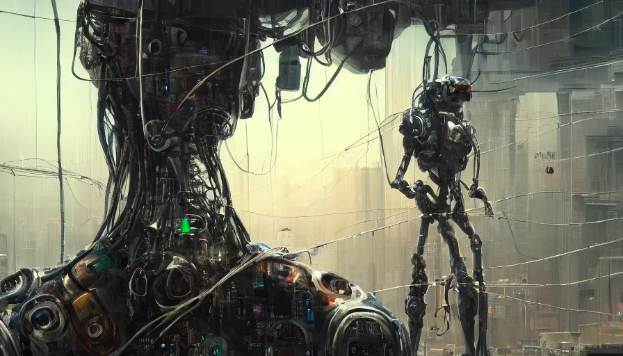 Image similar to a detailed concept painting of half a robot torso hanging by wires in a desolate cyberpunk environment filled with computers, soft lighting, digital art, artstation, oil on canvas