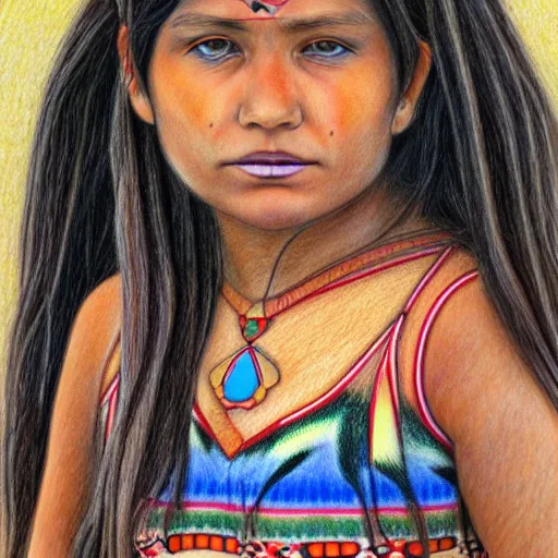 Prompt: a beautiful first nation girl, ultra detailed colored pencil drawing in style bellerose and desjarlais,