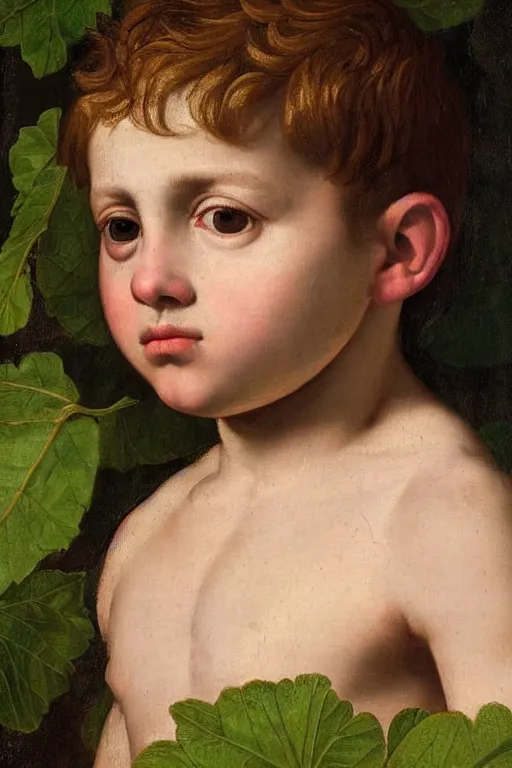 Image similar to renaissance painting of young boy in the garden, closeup, short hair, interest face, emotions closeup, dressed in roman armour, the beautiful garden with birch leaves everywhere, ultra detailed, art by Guido Reni style, Vincenzo Catena style