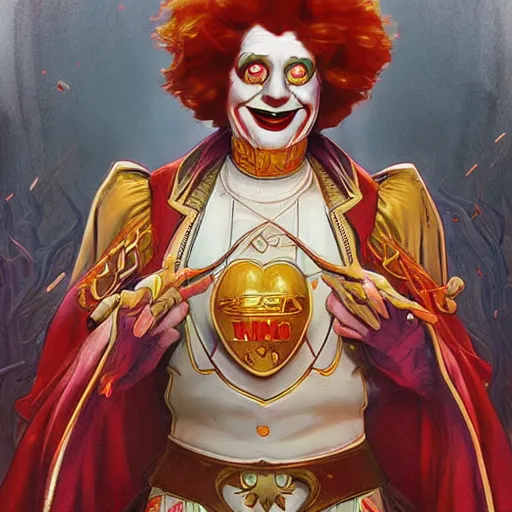 Image similar to an epic fantasy comic book style full body portrait painting of ronald mcdonald. d & d. fantasy. intricate. elegant. highly detailed. digital painting. artstation. concept art. matte. sharp focus. illustration. art by artgerm and greg rutkowski and alphonse mucha