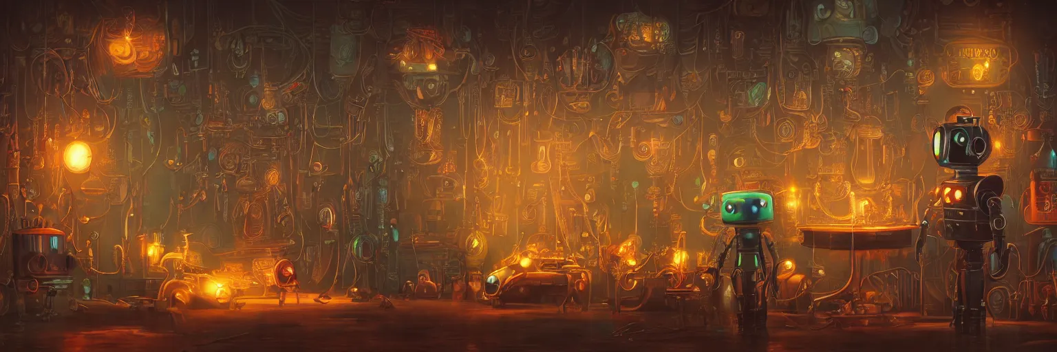 Image similar to a beautiful painting of a tapestry of a dream, a robot standing, ultra detailed, dark, steampunk, moody, candles, neon signs, infographic, characters from machinarium, by don bluth, trending on artstation, octane render