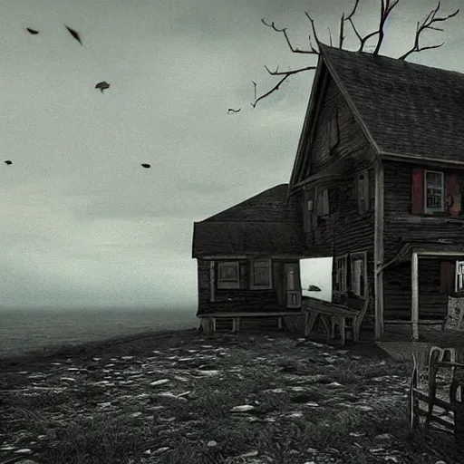 Image similar to old house at the edge of the world, hyperdetailed, photorealistic, moody, surreal, creepy, atmospheric, lsd