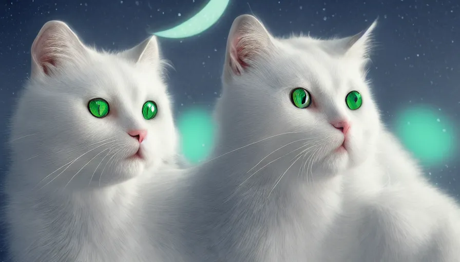 Prompt: white cat with green eyes, moon, snow, shiny, hyperdetailed, artstation, cgsociety, 8 k