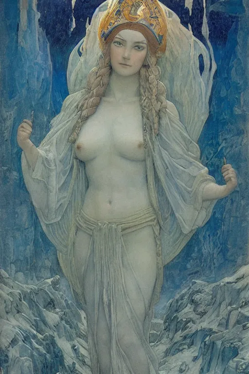 Image similar to goddess of the frozen earth, by Annie Swynnerton and Nicholas Roerich and jean delville, dramatic cinematic lighting , ornate headdress , flowing robes, lost civilizations, smooth, sharp focus, extremely detailed