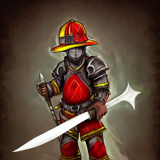 Prompt: A fantasy knight wearing firefighter gear and holding a fire axe, highly detailed, digital art, sharp focus, trending on art station, fire elemental, anime art style