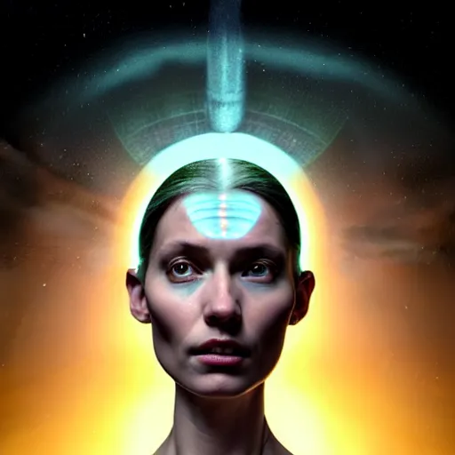 Image similar to Colour Caravaggio style Photography of Beautiful woman with highly detailed 1000 years old face wearing higly detailed sci-fi halo above head designed by Josan Gonzalez. Woman wearing sci-fi dress , Many details . In style of Josan Gonzalez and Mike Winkelmann andgreg rutkowski and alphonse muchaand Caspar David Friedrich and Stephen Hickman and James Gurney and Hiromasa Ogura. volumetric natural light