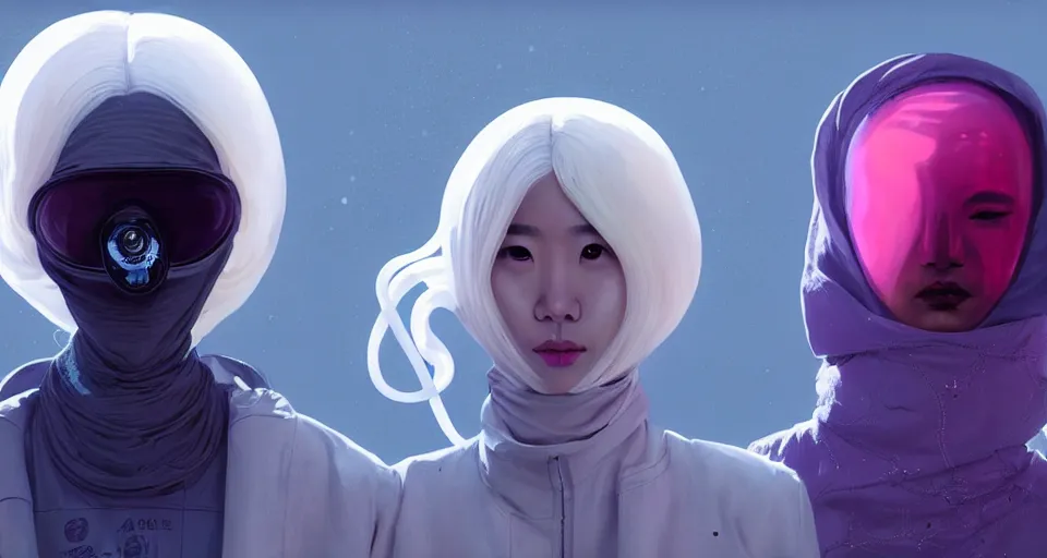 Image similar to portrait of yael shelbia and kang seul - gi, venus squid astronaut, burka, white hair, intricate design details. cyberpunk, rioter, by ruan jia, beeple and richard corben. smooth gradients, deep space.