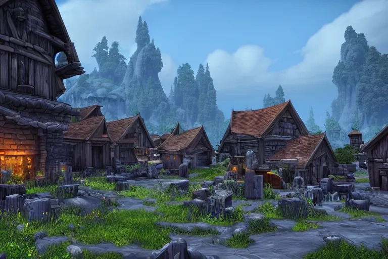Prompt: a town in the style of a World of Warcraft screenshot, highly detailed, Unreal Engine 4k