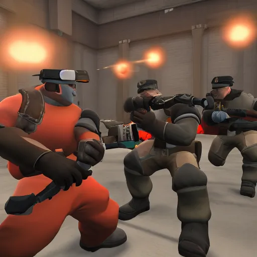 Prompt: high quality game capture of Team Fortress 2 with the Heavy class in frame