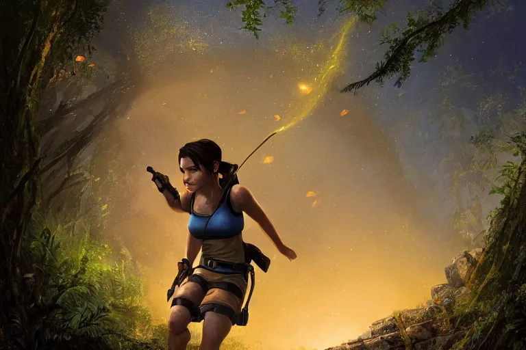 Image similar to wide shot of exhausted Lara Croft climbing out of a roaring ancient river, fireflies by Lilia Alvarado