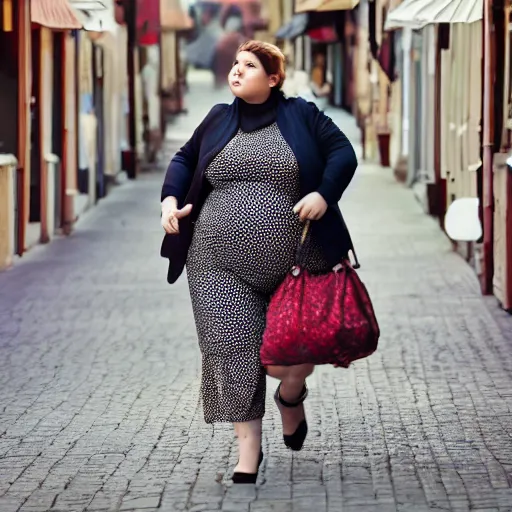 Image similar to a giant beautiful chubby well - dressed woman walking around a small town, photo, realistic