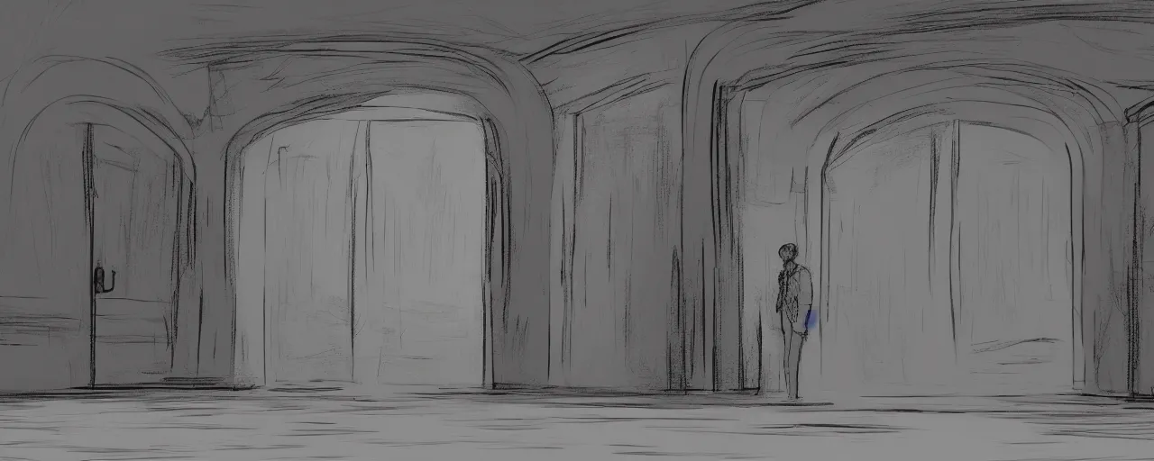 Prompt: one huge door opens front of a man, concept art