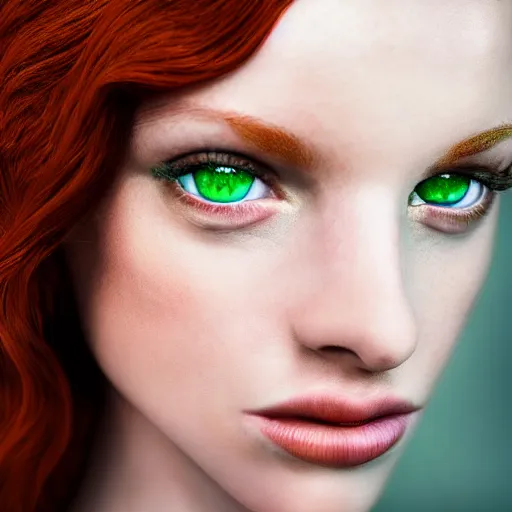 Prompt: A beautiful redhead, sweet, green eyes, seductive expression, modelsociety, raytracing, studio lighting, slight imperfections, intricate, Sony a7R IV, symmetric balance, polarizing filter, Photolab, Lightroom, 4K, Dolby Vision, Photography Award