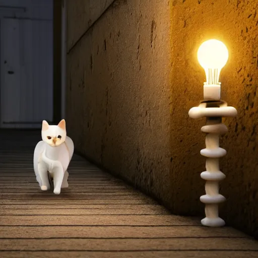 Image similar to cat made only out of bones, walking in an alley with a single lamp in it at night, 8 k, digital, calm, expressive, ray tracing, 4 k, highly detailed,