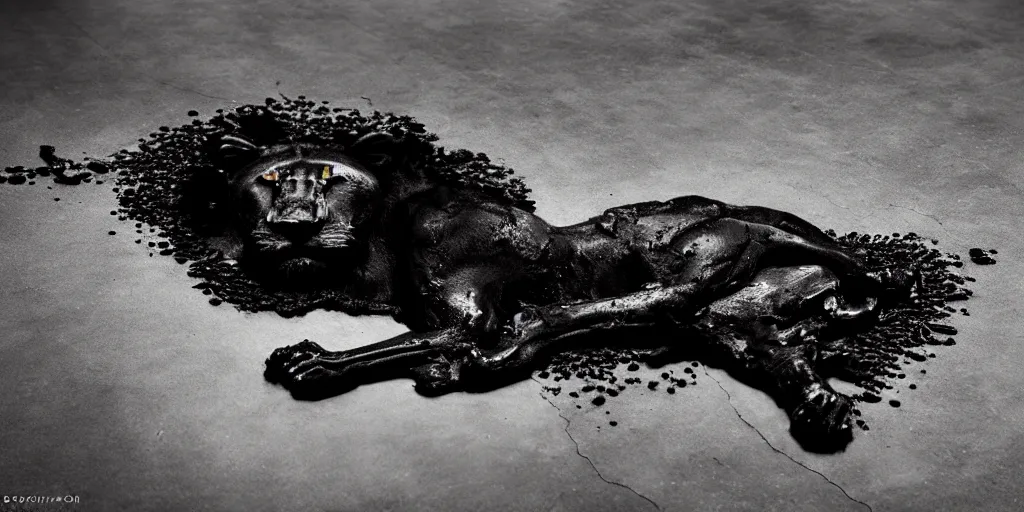 Image similar to the black lioness made of tar, dripping tar, drooling ferrofluid, melting through the hallway air vent. dslr, photography, animal photography, realistic, detailed