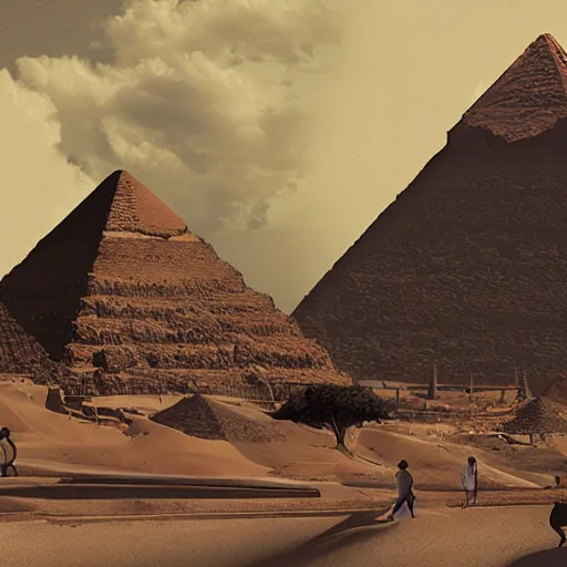 Image similar to a theme park in old egypt, sphynx and pyramids visible, illustration, digital art by laura price