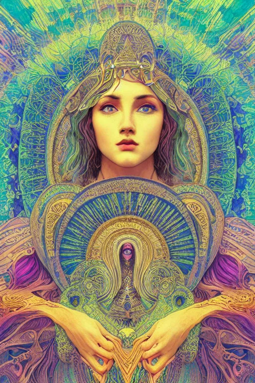 Prompt: beautiful goddess of space and dreams, mandala, coherent design, symmetrical, digital watercolor ink illustration painting, complementary color, golden ratio, detailed, sharp lines, sharp focus, intricate, rainbowshift, gustave dore, maxfield parrish, alphonse mucha, octane render