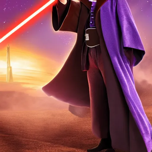 Image similar to willy wonka as a jedi from star wars, using jedi robe and holding a lightsaber, realistic 4 k,