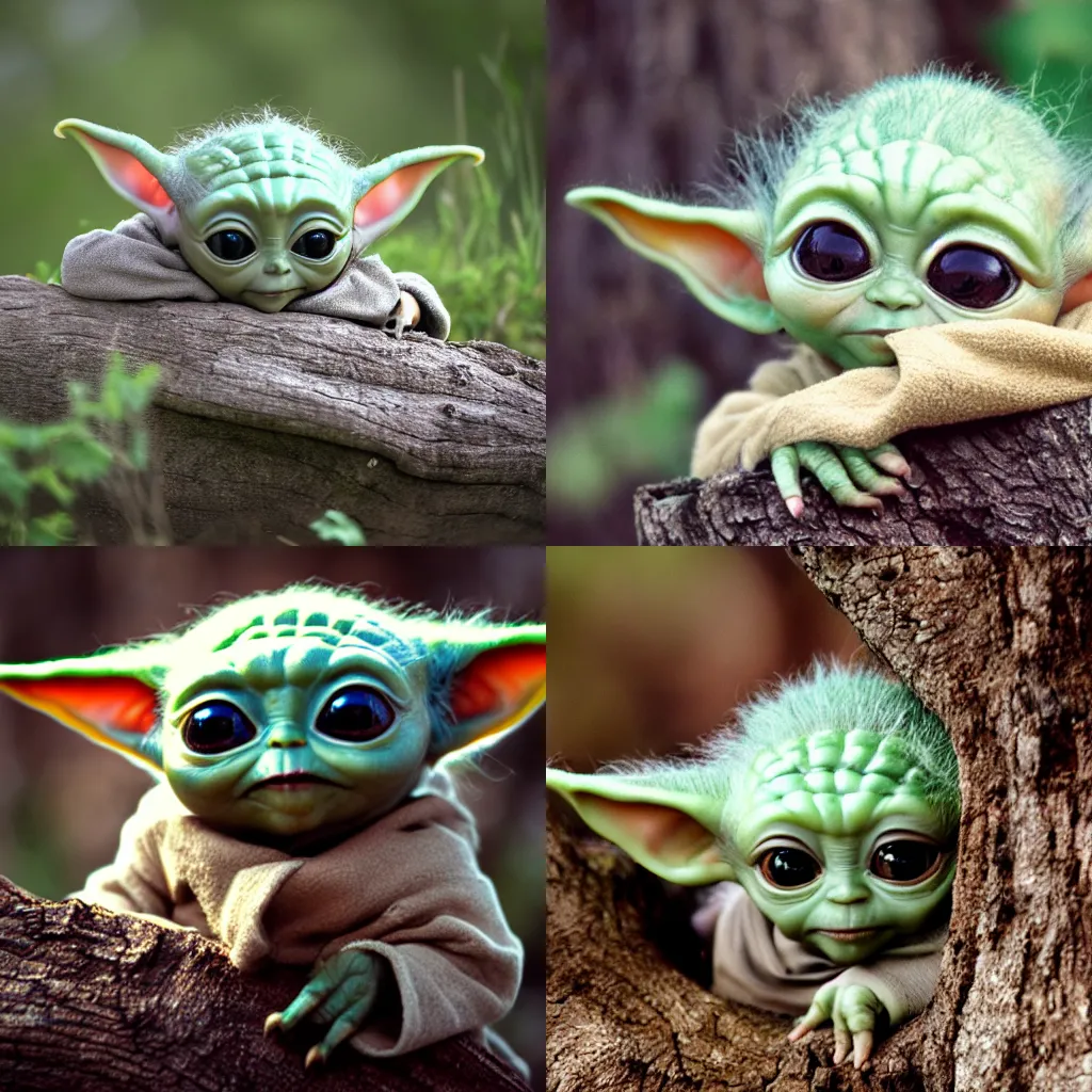 Prompt: wildlife photography of baby Yoda in the wildernis