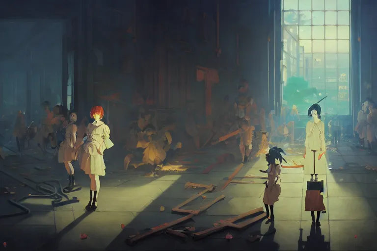 Prompt: baroque oil painting of key visual concept art of anime maids chaining captured pows to trucks, brutalist, dark fantasy, rule of thirds golden ratio, fake detail, trending pixiv fanbox, acrylic palette knife, style of makoto shinkai studio ghibli genshin impact james gilleard greg rutkowski chiho aoshima