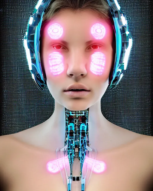 Image similar to fashion portrait, most beautiful girl in the world, glowing cybernetic augments, hyperrealism, year 2447, cdx