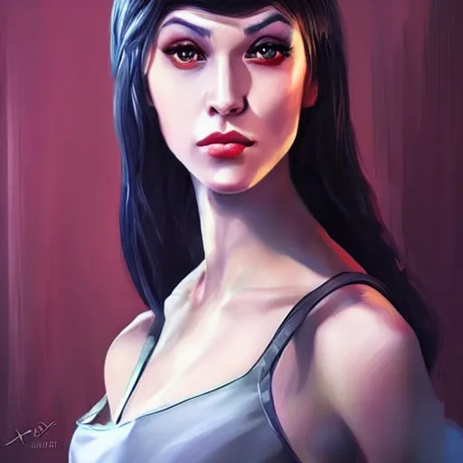 Prompt: portrait of a young woman, long dark hair and an angular face with a scar across the chin. daring and bold, con - artist and spy, beautiful, rpg, dnd, artgerm
