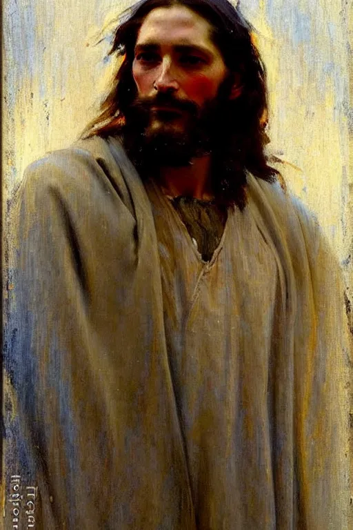 Image similar to impressionist brushstrokes!!!!!!!!! solomon joseph solomon and richard schmid and jeremy lipking victorian loose genre loose painting full length portrait painting of jesus with a slight smile happy inviting