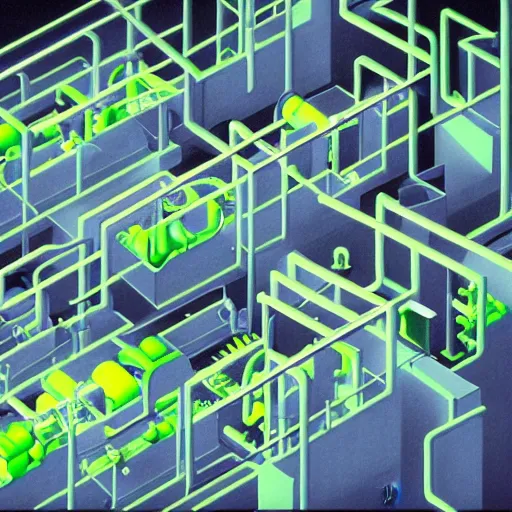 Prompt: HPLC manufacturing plant ambient atmospheric, complex conveyor-roller-belt system colored matte black, cinematic, surreal, neon chalk palettes, Pixar cartoon, awesome art by MC Escher