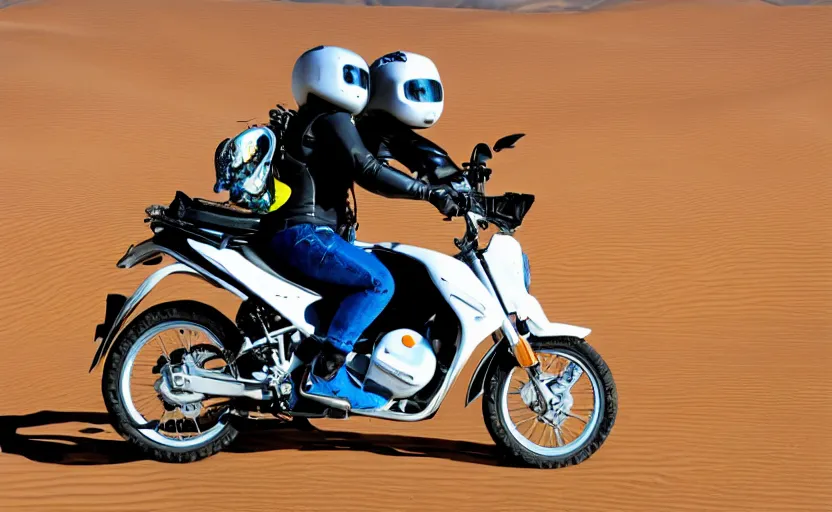 Image similar to gecko riding a mini motorcycle, in the desert, long road,