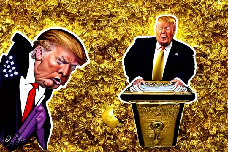 Image similar to David Dees illustration of Donald Trump crying on a golden toilet in a tacky gold bathroom