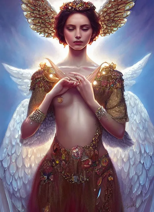 Prompt: A beautiful digital painting of a female angel full of jewels, princess, the sun behind her, intricate, cinematic lighting, highly detailed, digital painting, Artstation, concept art, smooth, sharp focus, illustration, art by Tom Bagshaw, Artgerm and Greg Rutkowski