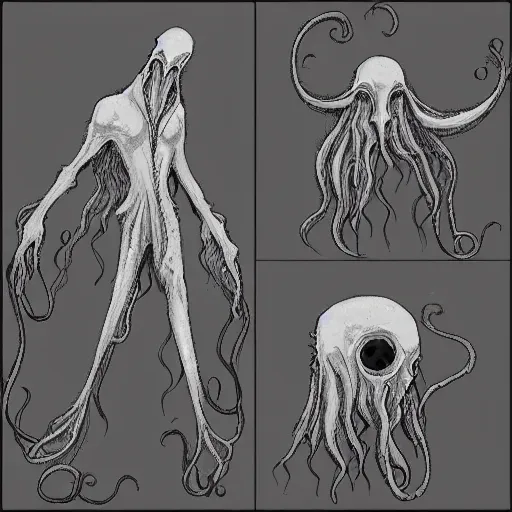 Image similar to concept designs for an ethereal ghostly wraith like figure with a squid like parasite latched onto its head and long tentacle arms that flow lazily but gracefully at its sides like a cloak while it floats around a frozen rocky tundra in the snow searching for lost souls and that hides amongst the shadows in the trees, this character has hydrokinesis and electrokinesis for the resident evil village video game franchise with inspiration from the franchise Bloodborne