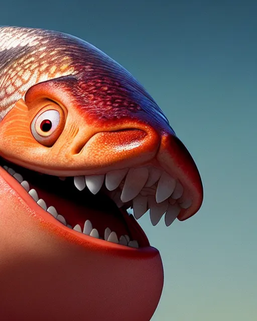 Image similar to disney pixar portrait 8 k photo of a king salmon : : by weta, greg rutkowski, wlop, ilya kuvshinov, rossdraws, artgerm, annie leibovitz, rave, unreal engine, alphonse mucha : :