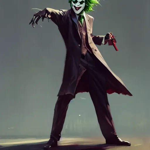 Image similar to joker, full body, dynamic pose, painted by greg rutkowski