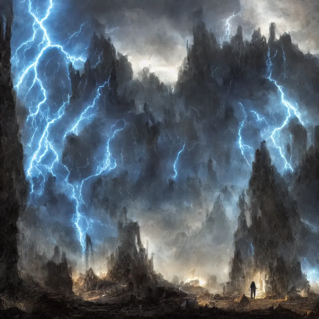 Image similar to a still of a cloaked figure standing in the ruins of crux prime, monastery, there is lightning, blue fiery maelstrom in the distance, it is raining, digital art, artstationhq