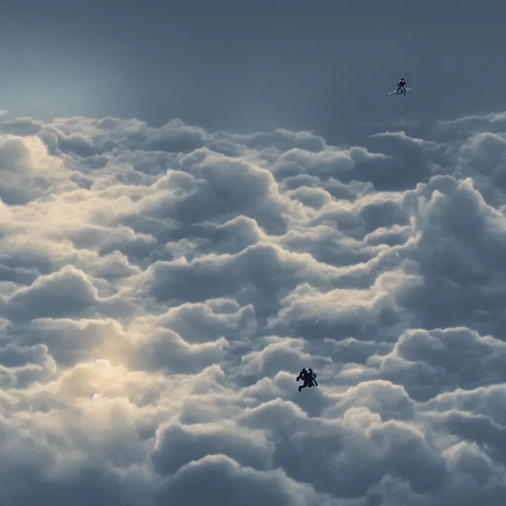 Prompt: a scubadiver floating above the clouds, closeup, digital illustration