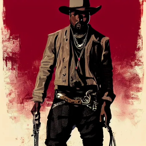 Image similar to kanye west in stephen bliss illustration red dead redemption 2 artwork of kanye west, in the style of red dead redemption 2 loading screen, by stephen bliss