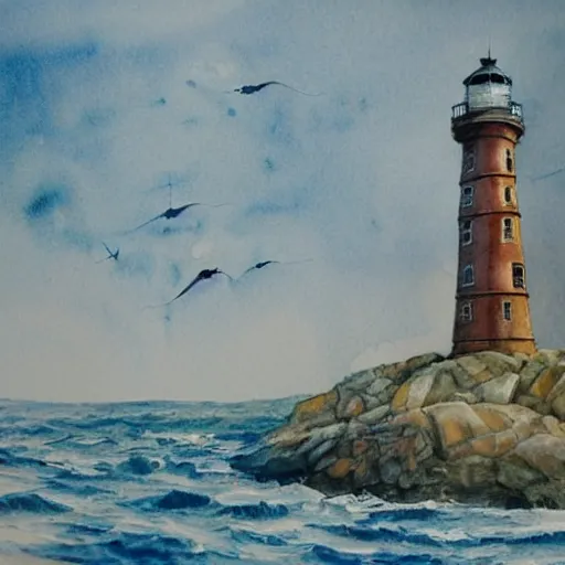 Image similar to Complex hyperdetailed serene masterpiece sketch of a captivating lighthouse, sailboats soaring in the wind, by Orris Moe, complex detailed watercolor painting, cinematic lighting, illogical surrealsim, absurd.