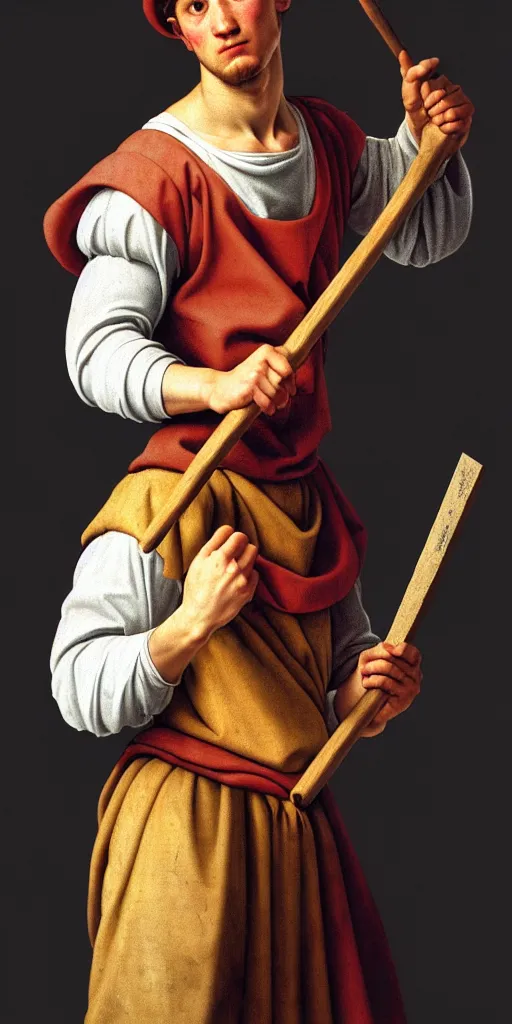 Prompt: a young michelangelo wearing peasant clothing of the renaissance holds a chisel in one hand and a mallet in the other, photorealistic, hyperdetailed, studio lighting, octane render, caustics