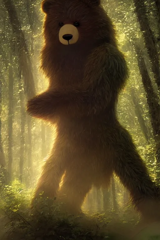 Image similar to mean fluffy teddybear protecting girl in a forest with rays of light coming through the canopy, masterpiece, dystopian, sci-fi, extremely detailed, digital painting, sculpted in zbrush, artstation, concept art, smooth, sharp focus, illustration, chiaroscuro lighting, golden ratio, incredible art, artgerm, greg rutkowski, alphonse mucha, simon stalenhag, carravaggio