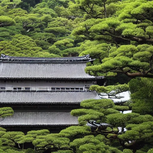 Prompt: japanese fortress in a city inside the forest