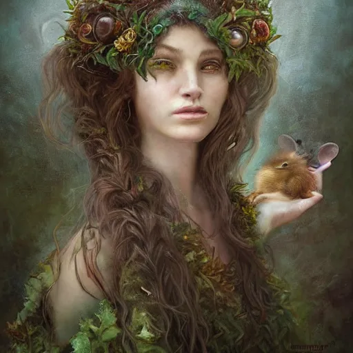 Image similar to portrait character design painting, dryad musician inspired by brian froud, portrait, accompanied by a cute feathered mouse, studio lighting by jessica rossier and brian froud and gaston bussiere