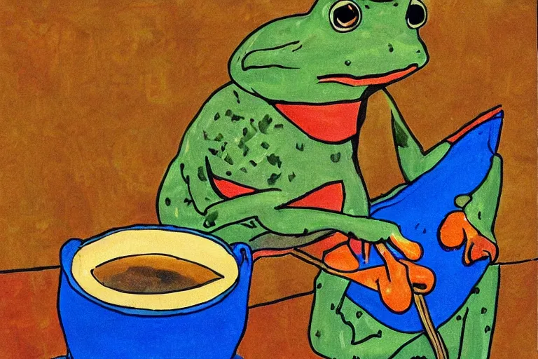 Image similar to frog cooking a pot of stew, folk art, childrens book illustration