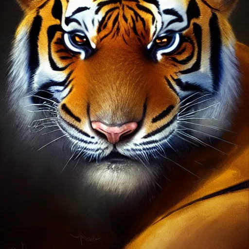 Prompt: a detailed portrait of a tiger with armor, by justin gerard and greg rutkowski, digital art, realistic painting, dnd, character design, trending on artstation