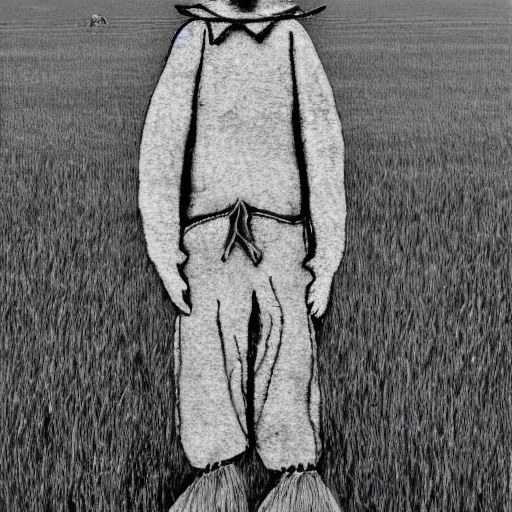 Image similar to a scarecrow in a field in the style of andrew wyeth