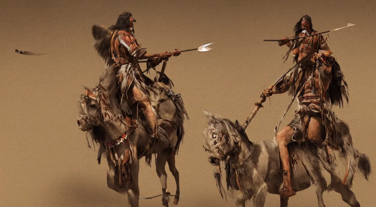 Prompt: a native american chief holding a spear while sitting on a war horse in the style of greg overton, hyperdetailed, hyperrealism, octane render, golden ratio, 4 k,